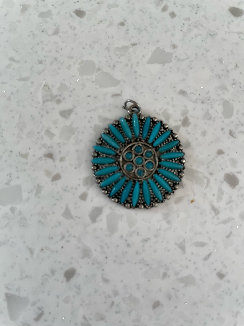 Vtg Sancrest Sunburst Petit Point SW Style Faux Turquoise Silver Tone Pendant